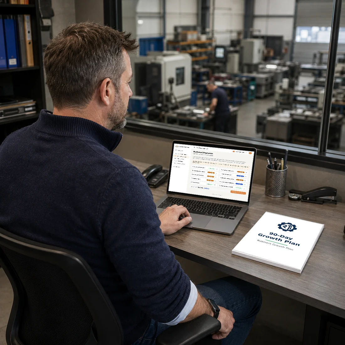 Business owner reviewing the Business Growth Plan diagnostic on a laptop, with a printed 90-day plan on the desk