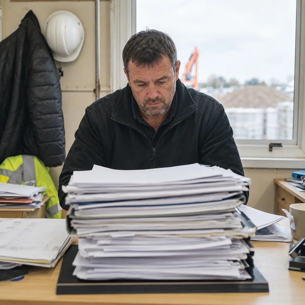 Contractor reviewing tender documents at the site office