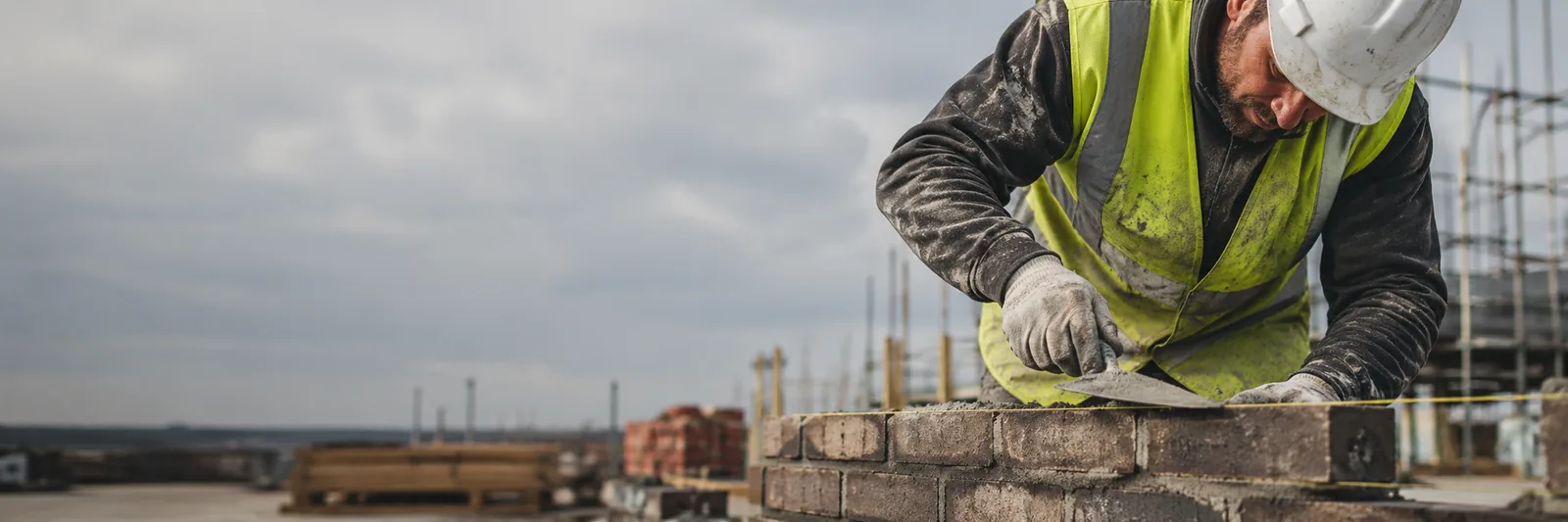 Bricklayer laying blocks on a construction site