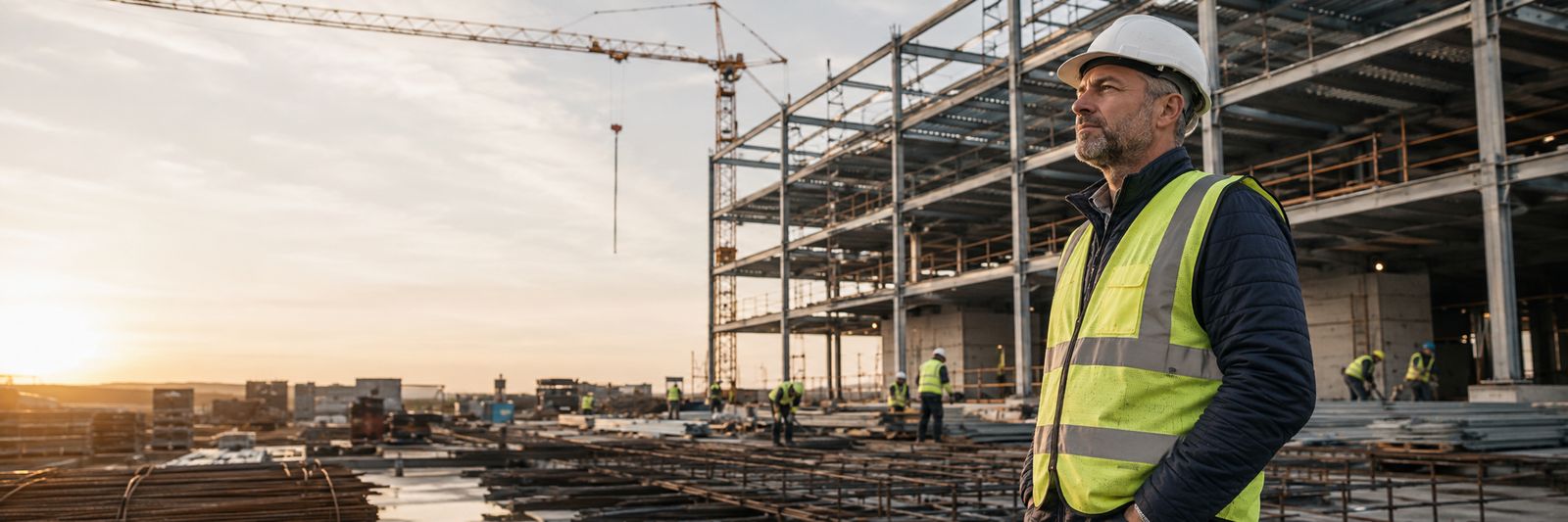 Construction site manager in a hi-vis vest and hard hat on a steel-frame building site at sunset, crane and workers behind him