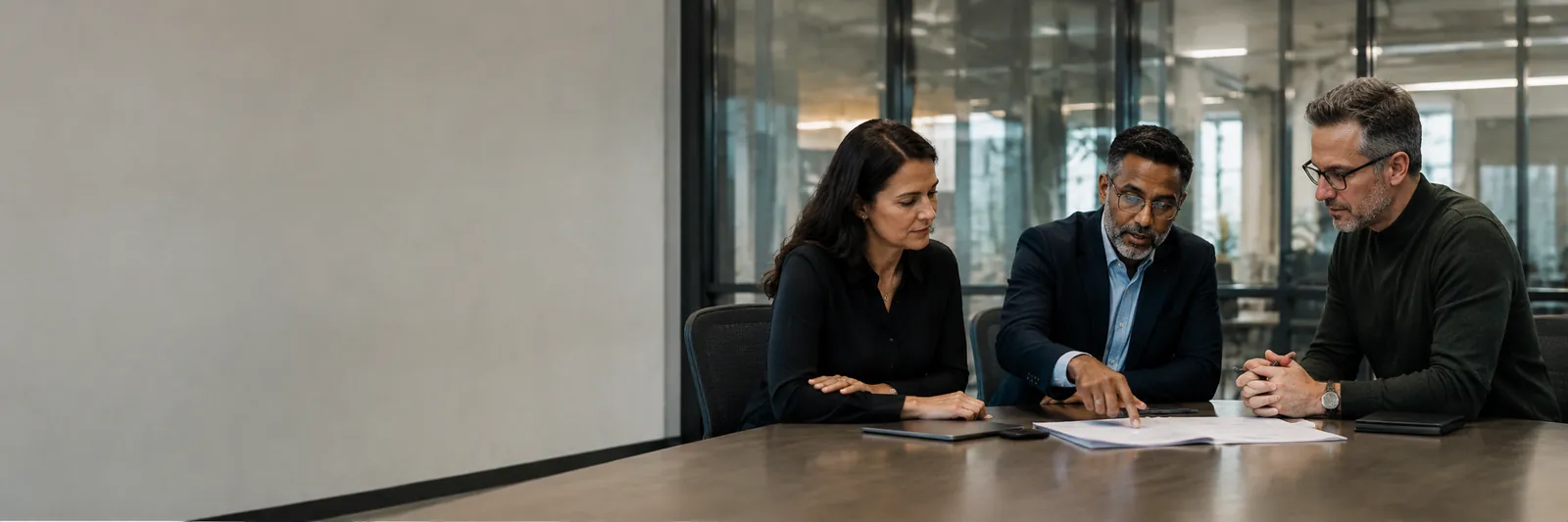Established business owners and an advisor at a boardroom table