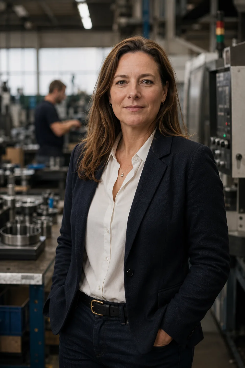 Business owner in a navy blazer on her engineering workshop floor