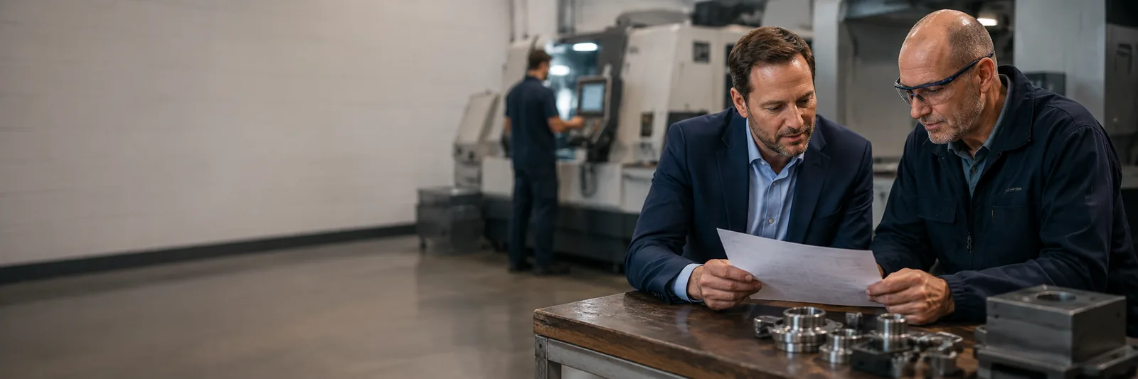Engineering business owner reviewing plans on the workshop floor